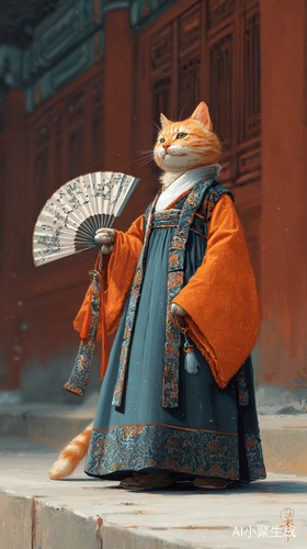 橘猫,身着汉服,手拿折扇,中国古建筑,