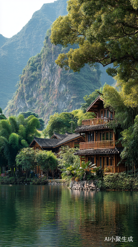 桂林山水,碧绿的湖水,群山,精致木屋,绿色背景,治愈,意境,高清摄影千年榕树。