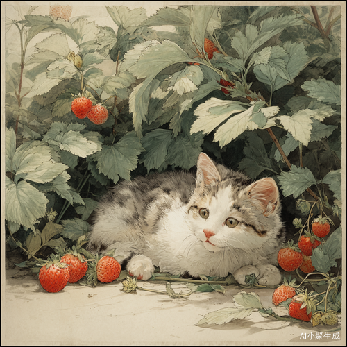 小猫正在果园里偷吃草莓,趴在草莓树上吃了正香,两只眼睛还在不停地东张西望