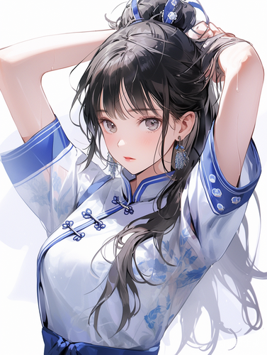 中国现代女孩，穿着蓝白色校服，扎着高马尾