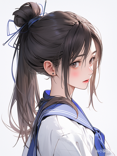 中国现代女孩，穿着蓝白色校服，扎着高马尾