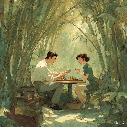 桃林棋局中的白衣男子与青衫女子的世外安逸