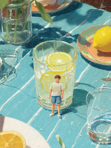 夏日餐桌微型小人乘凉于冰柠檬水杯创意插画