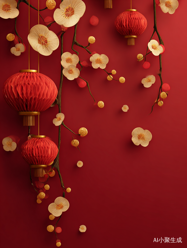 红色背景,中国元宵节,灯笼,花枝,剪纸,金色鎏金,极简主义,禅宗风格