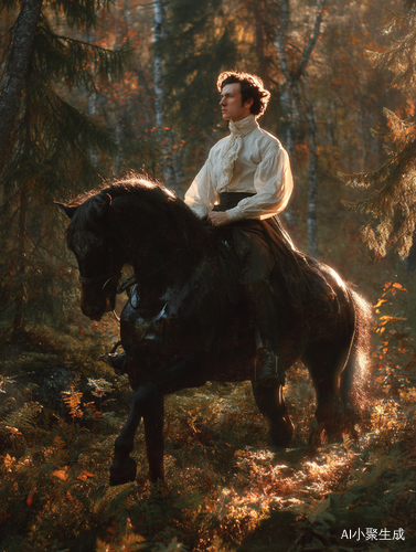 Very realistic color photography. Full body shot. Sunny. Very strong wind The light shines from the back of the head of Alexander Sergeevich Pushkin, Russian poet, the light is in Alexander Pushkin's back. 1830. Alexander Pushkin is riding a horse very fast without a saddle, riding through an autumn Russian forest, between trees, trees with moss, trees and in the foreground block the figure of the horse. Pushkin in a white shirt of the 19th century. Pushkin is wearing 19th century clothes. Pushkin has o