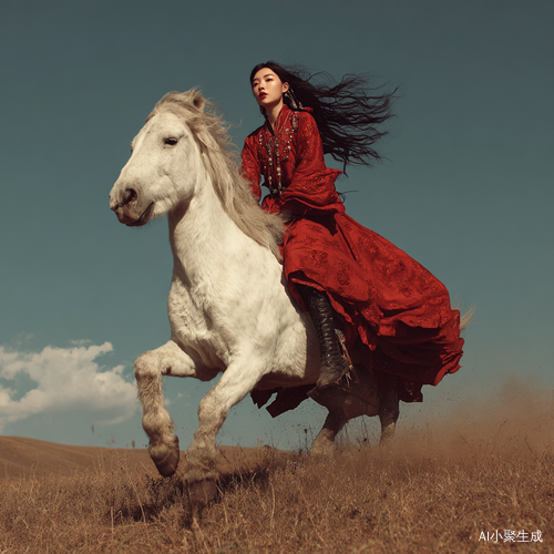 描绘一副在草原上奔驰的一匹白色的骏马,上面骑着一位中国美少女,身穿一件大红色的衣服,长长的头发随风飘逸,脚上穿着一双长筒黑靴子,拼命奔跑的马蹄后面都腾起来了灰尘,一副美好壮观的场景画面,用高清画质,高像素展现出来背景是蓝天。