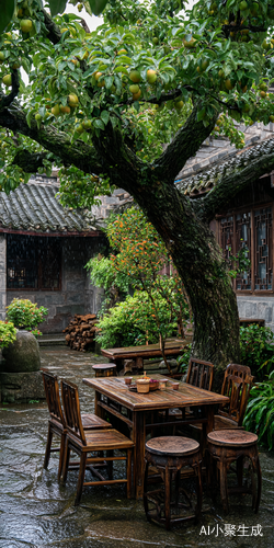 在下雨天,中国湖边的一座乡村房子里,院子里有一棵苹果树,旁边是一堆木头,附近还有一些蔬菜。外面的桌子上放着几把木椅,上面放着茶具。每把椅子前面都有一块小圆石凳,供人们坐下或休息。下雨天,可以看到雨滴从上方落到下面的一切事物上。