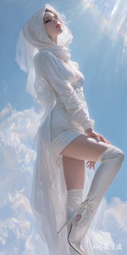 美丽窈窕的神女，肌肤白皙，双腿修长，轻纱小衣，眼睛清澈明亮闪耀，轻盈自由，在天空中，在光中