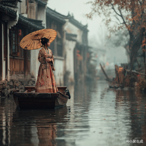 烟雨朦胧的中国南方水镇,身穿汉服的中国女孩,手持纸伞,站在乌篷船上,中景