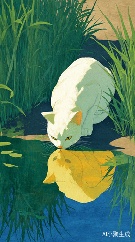 A white and yellow cat is drinking water from the lake, with green grass on both sides of the pond. The scene is depicted in a children's picture book style, with simple strokes and bright colors, in the style of Ryo Takemasa. ar 9:16 quality 2 profile n33onun v 7