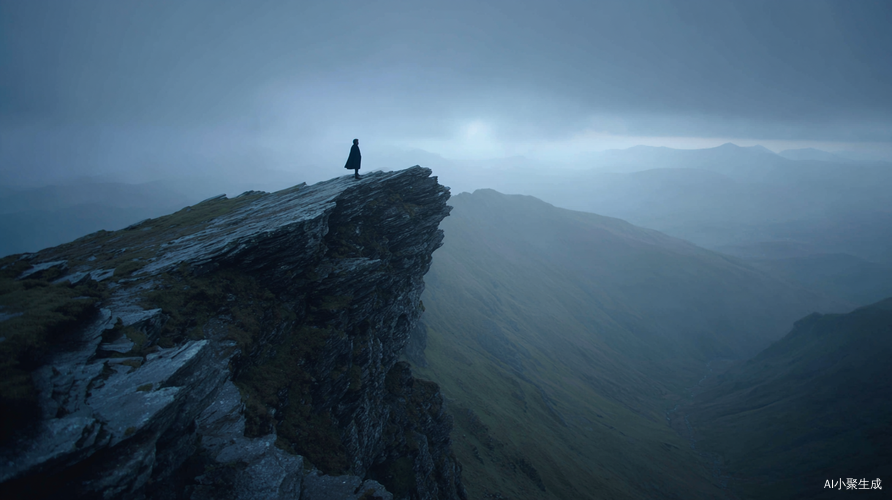 man standing on cliff edge, wind blowing clothes, distant misty mountains, deep depth of field shot, epic cinematic anglear 16:9