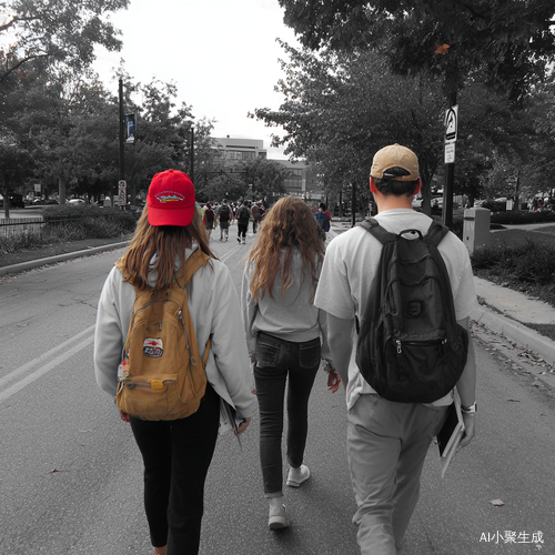 三个大学生走在校园的路上,一起回头看着“镜头”。中间离镜头最远的女同学肩挂着帆布包,画面最右边最靠近镜头男同学用左手夹着笔记本在腰上,左边还有一个带着红色棒球帽的女同学