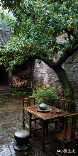 On a rainy day, in a country house by a Chinese lake, there is an apple tree in the yard, next to a pile of wood, and some vegetables nearby. On the outside table were several wooden chairs with tea sets on them. There is a small round stone bench in front of each chair for people to sit or rest. On rainy days, you can see the raindrops falling from above to everything below.
