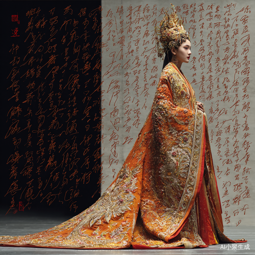 组十：星斗绣霓裳，辞阙入太虚文字描述： 在卷轴的深色绫边与空白绢纸交界处（象征宫廷与太虚），杨贵妃正跨越这无形门限。空前华服：全身由亿万颗悬浮的微光星砂（色：帝王金、牡丹红、天青蓝、珍珠白）精密排列构成！星砂紧密堆积处显现清晰的缠枝金宝相纹、百鸟朝凤图轮廓，如同微缩宇宙织锦。渐变之秘：身体核心星砂密集如金缕；向外（尤其大袖衫、披帛尾端）星砂间距渐宽、排列趋松，图案轮廓边缘线条随之柔化弥散，最终融入一片均匀的四色彩光星尘薄雾，自然衔接深色绫边背景。面容丰艳、牡丹金冠保持锐利实体，宝石生辉。背景绢纹在星雾中隐现。此为“贵妃星穹”意象，粒子密度递减构成物质向星辉的渐变升华，朦胧精确如天象图。(约270字) 