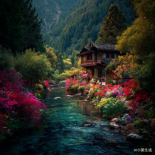 有一个房子在山里四周全是树还有一条小河流过院子里全是五颜六色的鲜花