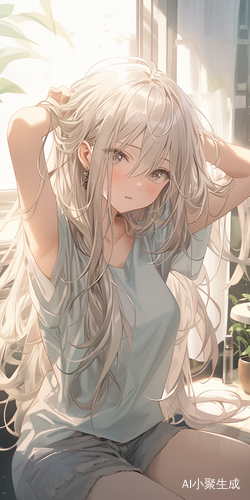 画面中，一位宅女静处一隅。她身着一件简约的白色纯棉T恤，质感柔和，在光线的映照下泛着淡淡的光泽，领口微微敞开，随性又慵懒。一头洁白的头发如瀑布般肆意散落，发丝间透着自然的凌乱美，像是被微风不经意地抚过。她那蓝粉渐变的眼眸宛如梦幻之湖，蓝色深邃如幽潭，粉色娇柔似云霞，透着灵动与俏皮。一副精致的圆框眼镜架在鼻梁上，金属边框闪烁着细腻的光泽，镜片微微反光，为她增添了几分知性的气质。她微微低头，长长的睫毛在脸颊上投下一层淡淡的阴影，整个人仿佛沉浸在自己的小世界里，静谧而美好。