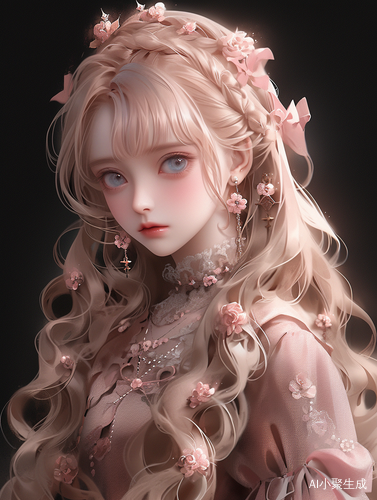 一个女洋娃娃，金色波浪卷，女孩，幼态脸，上半身，高清画质，8k，真实感，穿着粉色洛丽塔裙子，大眼，眼睛暗淡无光，粉唇，五官美丽，高鼻梁，大眼睛双眼皮长睫毛，发饰