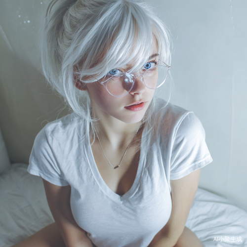 画面里,一位宅女惬意地沉浸在自己的小世界中。她身着简约洁净的白色T恤,领口不经意地微微敞开,隐约露出细腻如瓷的肌肤。一头雪白的头发似瀑布般随性散落于肩背,每一根发丝都闪烁着柔和微光,凌乱间却自有一番美感。她那蓝粉渐变的眼眸宛如藏着浩瀚星辰大海,神秘又迷人。精致的眼镜稳稳架在小巧的鼻梁上,为她增添了知性气质。白皙柔软的肌肤泛着健康光泽,丰满体态恰到好处,散发着别样韵味。下身洁白的丝袜紧紧贴合腿部,完美修饰出优美线条。她裸足轻搭在地上,圆润可爱的脚趾微微弯曲,透露出慵懒自在的氛围,整个人仿佛与周围静谧的空间融为一体。