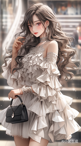 礼服裙，最佳品质，无限细节，最高质量，正面照，现代神女美女柔美，漫画，完美比例脸，脸红，微笑，精致的五官，甜美微笑，精致的眼睛，精致的睫毛美丽的眼睛甜美有卧蚕，精致的锁骨，长发飘飘，顺滑发丝，（（礼服：，包裹感，细腻的肌肤，不暴露，动态动作，户外，街道，景深，大景深，完美细节，极端细节，电影CG渲染，电影光，大师作品，丁达尔效应，北条司的肖像画.超高清，真实，苗条，180，站姿，半身照，不漏手，古风