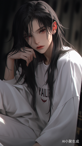 A beautiful vampire boy, with long black hair and pale skin, is wearing an oversized white T-shirt, which says vampire, sitting on the ground, satellite perspective, fantasy art style, animation aesthetics, dark background, digital painting and super realism.