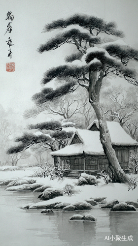 中国水墨雪景山水画小屋与松树