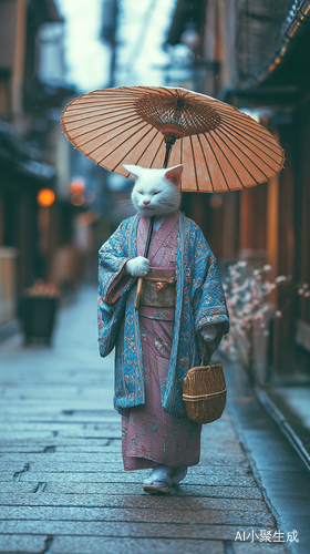 京都樱花季白猫振袖优雅漫步花见小路