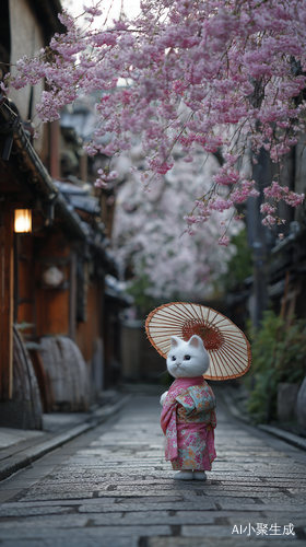 京都樱花季白猫振袖优雅漫步花见小路