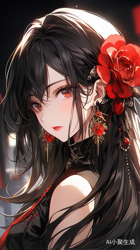 现代少女黑色长发红色泪痣和红玫瑰耳饰