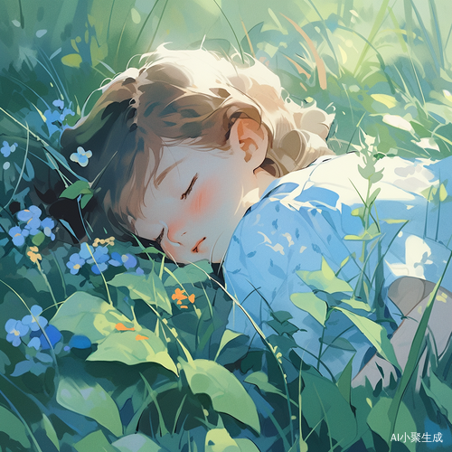 草地上有个小女孩躺在那眼里还有些眼泪