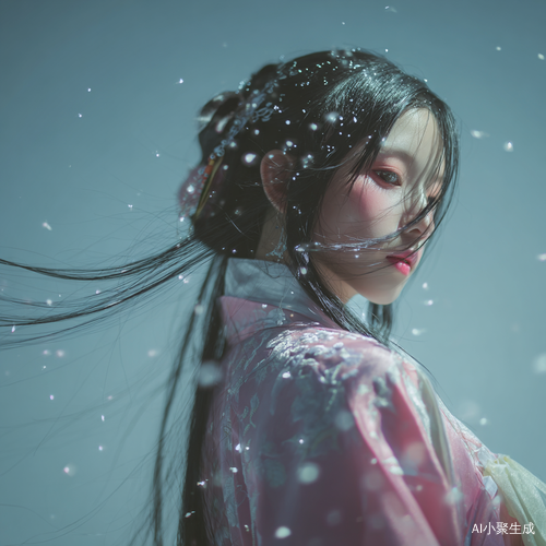 古风美人,妆发服饰描述:墨兰色瞳孔,浅蓝色长发, 星绘 1.4,粉色汉服背景描述:干净背景,浅蓝背景,摄影构图描述:柔和光线,细节清晰,温柔表情,优雅。 动漫唯美二次元,风铃在清风的吹拂下微微晃动,高清,超高清,32K,