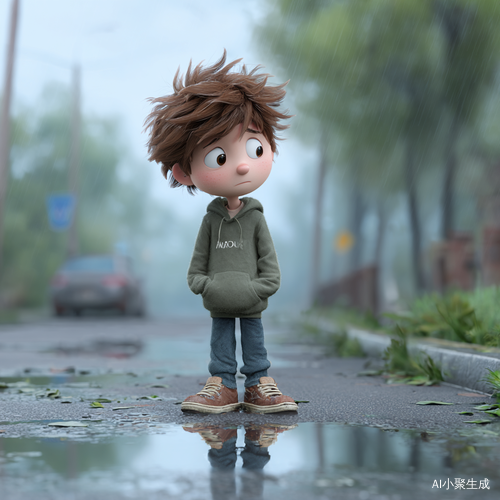 动漫男孩，忧郁干净的气质，下雨，路面有积水，积水有倒影