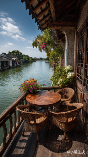 江南水乡，临湖而建的精致木屋，户外阳台，栏杆，鲜花，一张圆桌，四把椅子，宽阔的湖面，绿色背景治愈，意境，高清摄影，精细细节