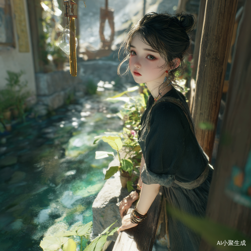 一个女生,碧城水芯搭配风,阳台,植物,小溪,裙子,披发,手链,侧脸,精致的五官,春天