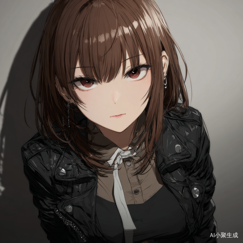 画面中，一位日本特务少女亭亭玉立。她那一头棕褐色的秀发如丝缎般顺滑，在光影下泛着柔和的光泽，随意地披散在肩头。红棕色的瞳眸宛如深邃的宝石，眼神中既透着庸散的慵懒，又闪烁着凌利的光芒。她身着一件黑色略微紧身的皮衣，完美勾勒出凹凸有致的身材曲线，丰满的体态尽显女性的魅力。领口处，一条洁白的领带系得精致而规整，为整体的黑色调增添了一抹亮色。下身搭配一双黑色皮长靴，靴面光滑，靴沿贴合腿部线条，更添几分飒爽英姿。少女微微抬头，气质冷艳，尽显神秘与危险的气息。