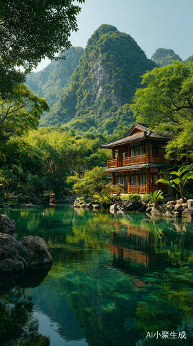 桂林山水,碧绿的湖水,群山,精致木屋,绿色背景,治愈,意境,高清摄影