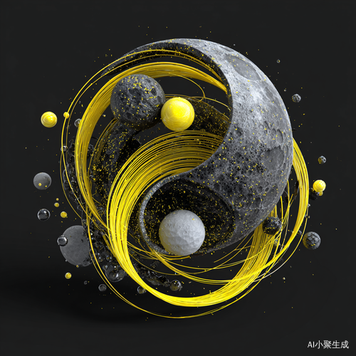 在深邃的黑色背景之上,呈现出极具立体感与动感的阴阳太极模型。明亮耀眼的黄色弧形长条,如灵动的光带,与暗哑金属质感的黑色环形物件相互交织、环绕,似在不断流转。其中,散发着暖黄光泽的球体与带着月球表面般坑洼质感的灰色球体,仿若宇宙中的星球,在这独特的太极结构里,随着光影变幻、形态转动,演绎着神秘而充满未来科技感的奇妙韵律,营造出一种跨越时空、奇幻深邃的氛围,仿佛在诉说着古老哲学与现代科幻融合的独特故事,将阴阳相生、循环不息的理念以极具视觉冲击力的立体动态形式展现,每一处细节、每一次光影的闪动,都在强化着这份神秘与科技交融的独特魅力,让观者沉浸于这既熟悉又充满新奇想象的奇妙世界之中 。