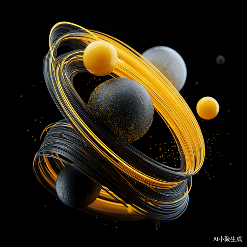 在深邃的黑色背景之上,呈现出极具立体感与动感的阴阳太极模型。明亮耀眼的黄色弧形长条,如灵动的光带,与暗哑金属质感的黑色环形物件相互交织、环绕,似在不断流转。其中,散发着暖黄光泽的球体与带着月球表面般坑洼质感的灰色球体,仿若宇宙中的星球,在这独特的太极结构里,随着光影变幻、形态转动,演绎着神秘而充满未来科技感的奇妙韵律,营造出一种跨越时空、奇幻深邃的氛围,仿佛在诉说着古老哲学与现代科幻融合的独特故事,将阴阳相生、循环不息的理念以极具视觉冲击力的立体动态形式展现,每一处细节、每一次光影的闪动,都在强化着这份神秘与科技交融的独特魅力,让观者沉浸于这既熟悉又充满新奇想象的奇妙世界之中 。