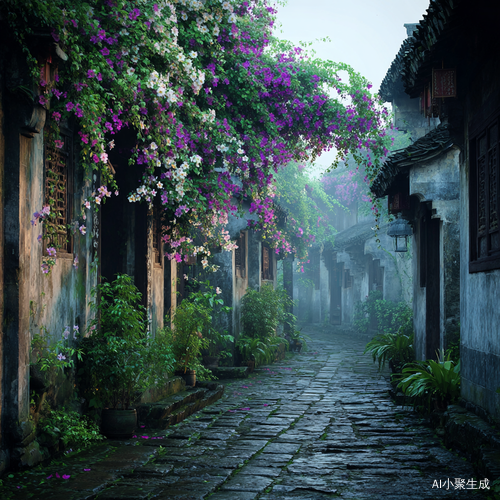 江南古巷;青石路蜿蜒至庭院角落,紫、白、粉三色牵牛花缠枝绽放;薄雾轻绕,绿野为幕;治愈意境美如画卷!