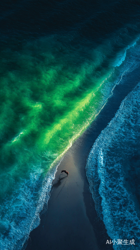 A three - dimensional secret realm, with super - realism, photography, an artistic conception composition, geometric fine brushwork, ancient charm with blank space, Chinese minimalist aesthetic composition. There is a coastline by the sea. On the left side of the composition are fluorescent green glowing waves with inner light, and on the right side is a dark blue beach. In the middle stands a horse, which is the main subject of the picture and is magnified three times. An aerial view, symmetrical, super - 