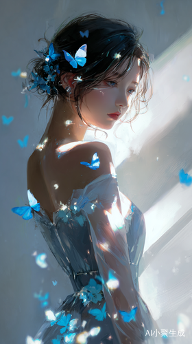 美丽唯美的动漫少女,精致的妆容,皮肤光滑细腻,漂亮的衣裙,有花朵蝴蝶,光影错落,细节精致,有星光点点,梦幻的风格,柔和的光线照落皮肤上,细腻质感,营造出空灵的气氛和柔和的色调。