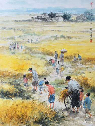 中国传统田园风格画风。老家的夏天。艳阳高照。大家都在田地里割麦子,挥汗如雨。有个驼背的老奶奶牙齿都没有了,推着一个独轮车。在用麦穗,还有很多孩子在麦田里。捡遗落的麦穗,大人在有的在收割麦子,有的在打麦穗。