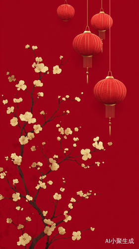 红色背景,中国元宵节,灯笼,花枝,剪纸,金色鎏金,极简主义,禅宗风格