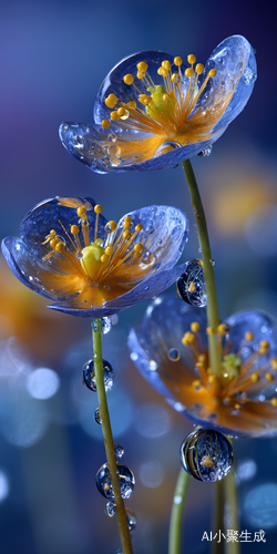 超写实风格蓝色花朵水珠梦幻氛围