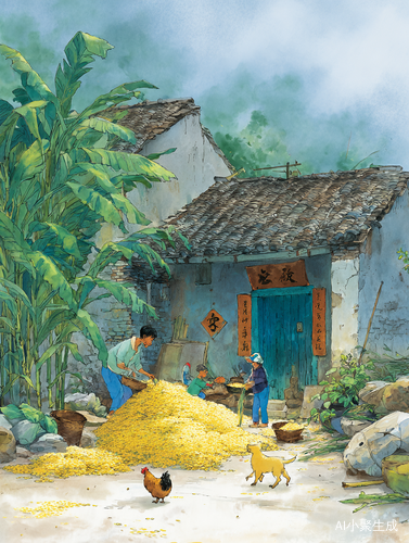这是一幅乡村生活场景。画面中，两个人在农家小院前忙碌着处理玉米，地上堆放着大量的玉米。一条小黄狗来回奔跑，两只鸡欢快地捡拾玉米粒。房屋带有传统装饰，周围绿植环绕，还笼罩着一层薄雾 。这展现了农村收获时节人们劳作的日常，充满朴实的生活气息，传递出乡村生活的质朴与温馨，勾起人们对乡村生活的怀念和对丰收的喜悦之情。