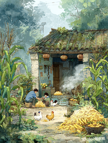 这是一幅乡村生活场景。画面中，两个人在农家小院前忙碌着处理玉米，地上堆放着大量的玉米。一条小黄狗来回奔跑，两只鸡欢快地捡拾玉米粒。房屋带有传统装饰，周围绿植环绕，还笼罩着一层薄雾 。这展现了农村收获时节人们劳作的日常，充满朴实的生活气息，传递出乡村生活的质朴与温馨，勾起人们对乡村生活的怀念和对丰收的喜悦之情。
