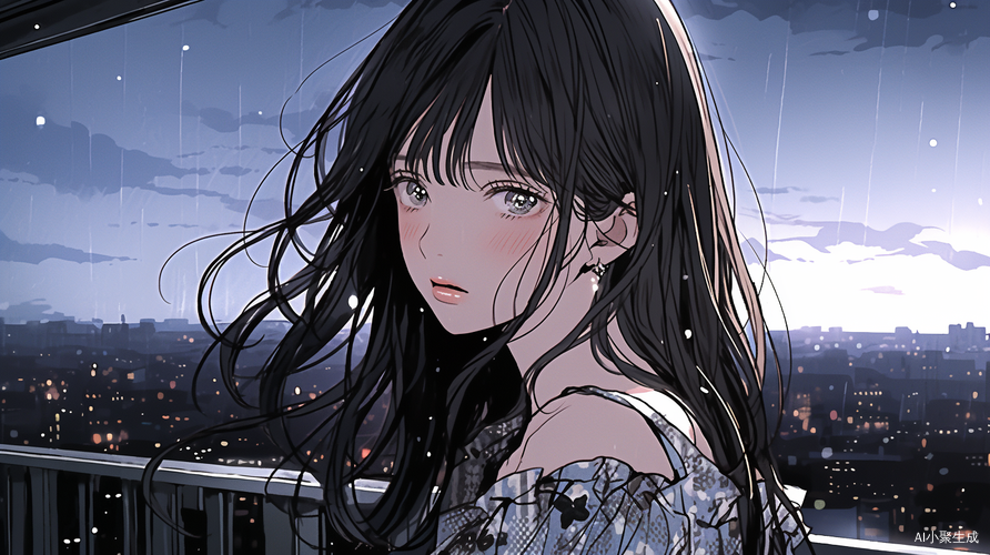 美丽少女，黑长发，黑色瞳孔，眼含泪水，白色碎花连衣裙，天台场景，夜晚星空，微风拂面，温柔月光，淡淡忧伤，治愈系，漫画风格，手绘感，柔和色调，静谧氛围，唯美构图，日本插画风，情感细腻，梦幻感