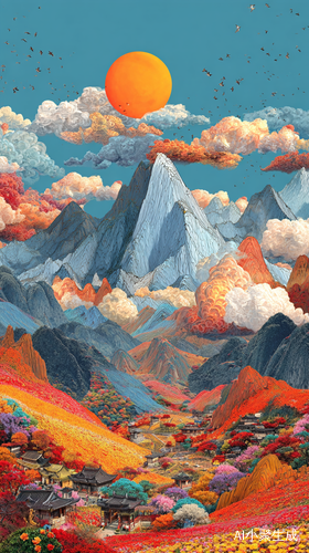 一个山脉太阳象中国国画里的太阳天空有百鸟山脉上有五颜六色的花还有天空上的云有五颜六色的图案有几个穿着时尚的游客