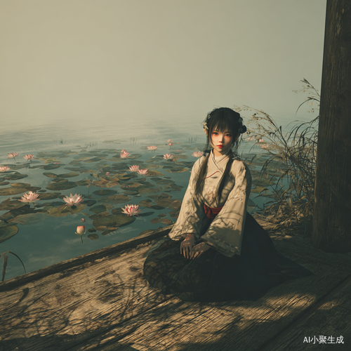 在西湖畔，一汪绿水悠悠流淌，水面上，粉嫩的荷花摇曳生姿。朦胧的薄雾如轻纱般笼罩，为整个画面增添了几分神秘与仙气。靠近湖边，有一处铺设着木制榻榻米的角落，榻榻米古朴自然，纹理清晰可见。一位动漫男孩静坐在榻榻米上，他有着一头乌黑亮丽的头发，发梢微微飘动。他冷着一张脸，五官深邃立体，眼神冷峻而清澈。身旁的绿纱随风轻舞，与四周的美景相融。他宛如从仙境中走来的谪仙，遗世独立，沉浸在这如诗如画的西湖之景中，整幅画面美得令人窒息。