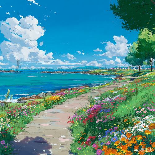 海边花径,蜿蜒小路两旁开满五彩鲜花,远处是蓝色大海和海岸线,岸边有绿树,天空中白云朵朵,宫崎骏风格32K