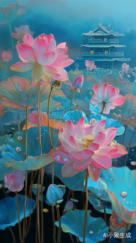 背景轻纱蓝飘逸，一朵粉红色莲花莲，花瓣上露珠贝珍珠。发光发亮，远处一古风小塔。